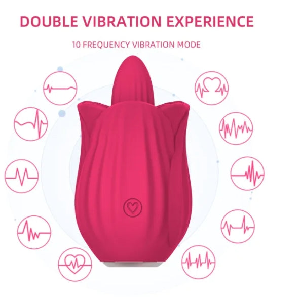 Red Rechargeable Silicone Rose Tongue-Licking Vibrator – 10 Licking Modes